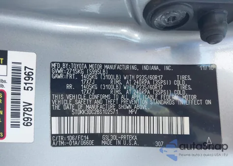 2011 Toyota Sienna Le V6 из США, поврежденный, VIN 5TDKK3DC2BS102571